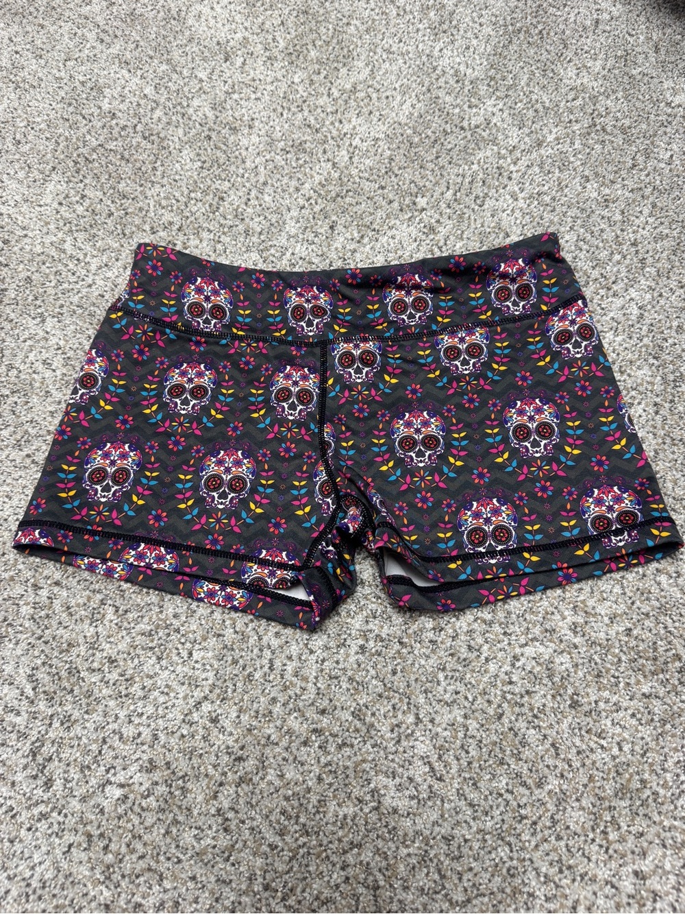 Women's Black Floral Sugar Skull Active Shorts - Size L